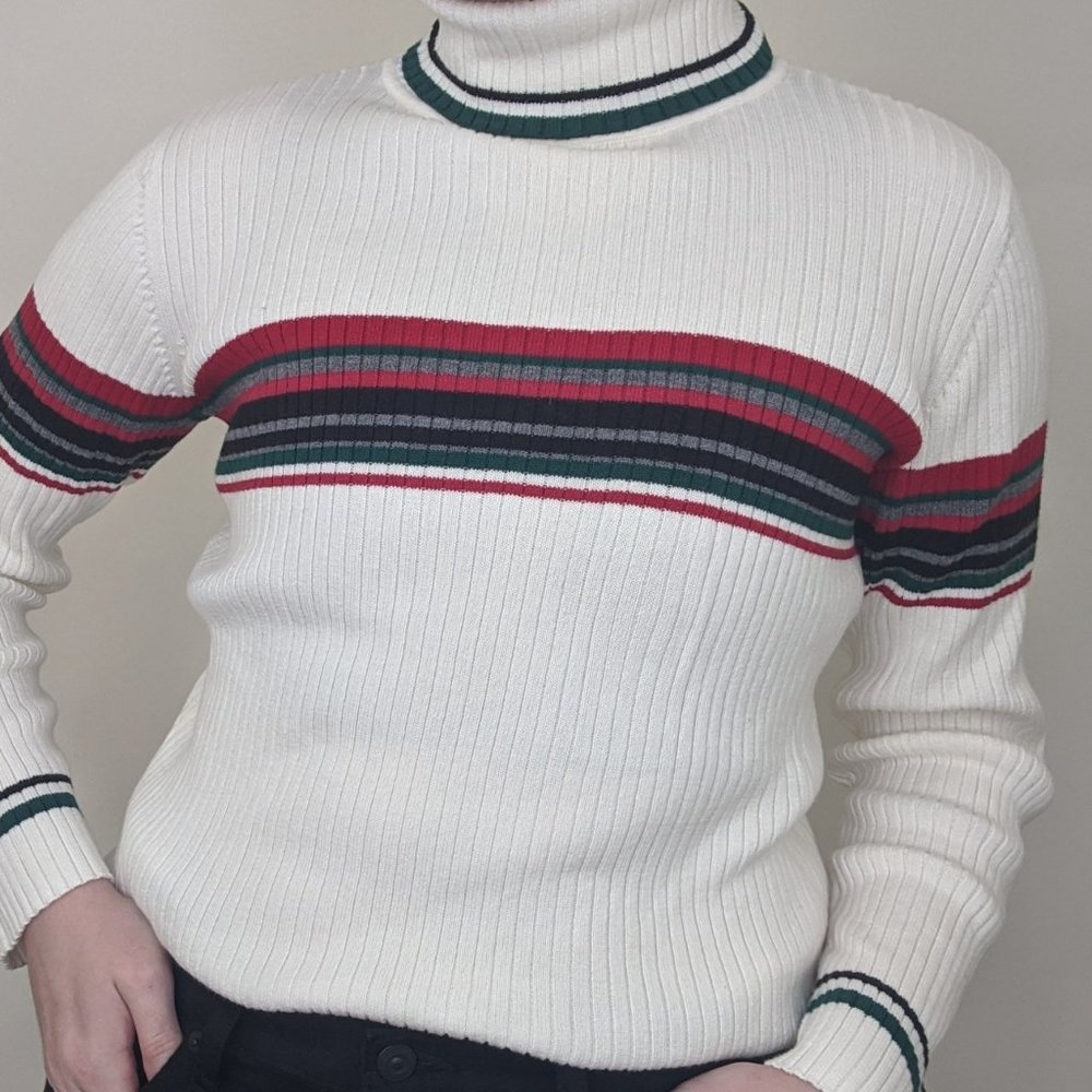 Vintage Red and Green Striped Turtleneck Sweater